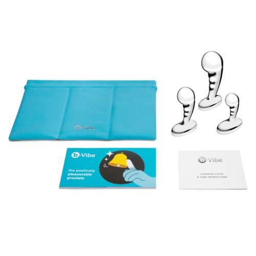 b-Vibe stainless steel p-spot training set with three toys, storage pouch, and instructions
