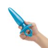 Blue hand-held toy with tapered shape and ring base