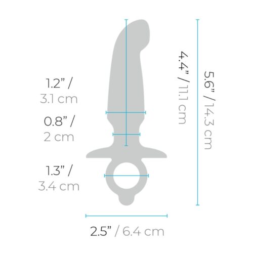 Silicone toy size chart with dimensions in inches and centimeters