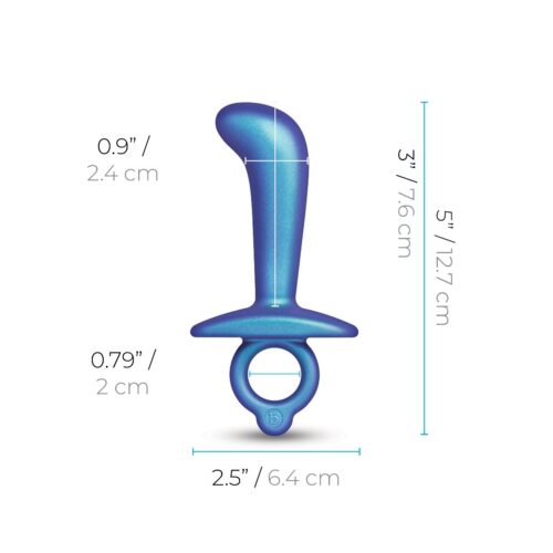 Blue silicone toy with measurements;
