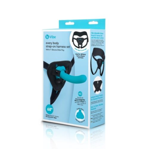 B-Vibe Every Body Strap On Harness Set With Silicone Dildo Peg - Blue, 6inch Dildo, Up to 68" Waist