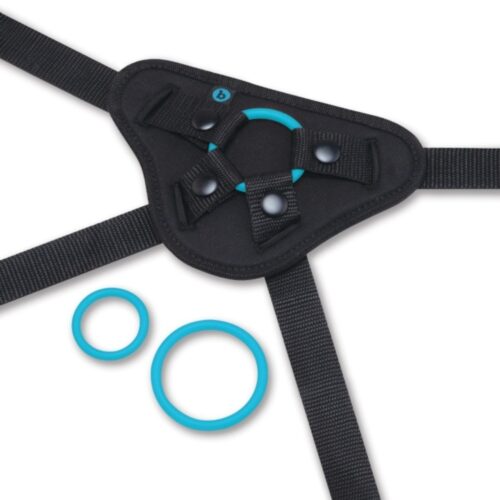 B-Vibe Every Body Strap On Harness Set With Silicone Dildo Peg - Blue, 6inch Dildo, Up to 68" Waist