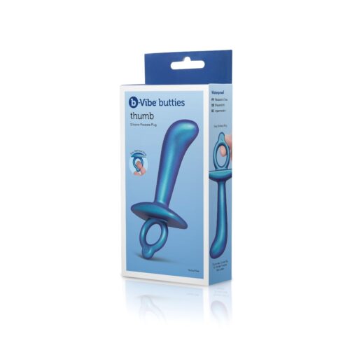 b-Vibe Butties Thumb silicone prostate plug, blue packaging