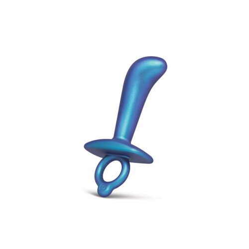 A shiny blue silicone toy with a tapered design and circular base