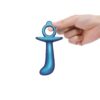 A hand holding a blue silicone toy