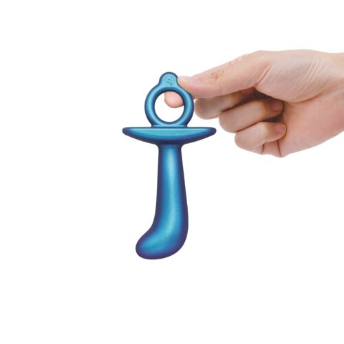 A hand holding a blue silicone toy