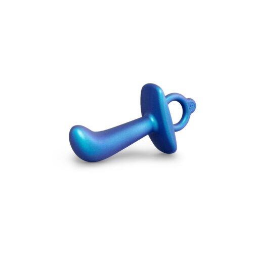 A blue curved toy, designed for pleasure with a smooth finish