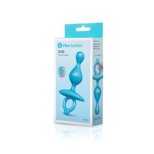 b-Vibe butt plug in blue silicone, displayed in its packaging