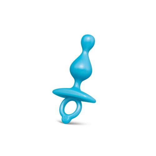 Blue silicone toy with a teardrop shape and flared base