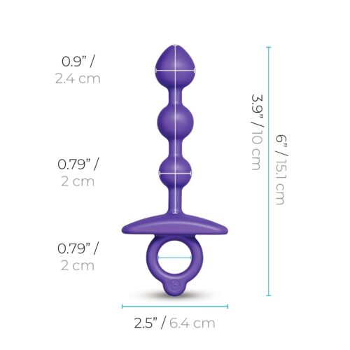 Purple anal toy with three beads, dimensions marked