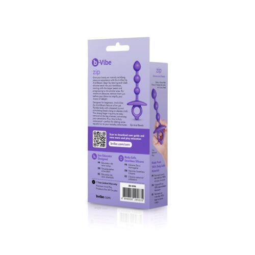 b-Vibe Zip anal beads in purple, showcasing product details and QR code