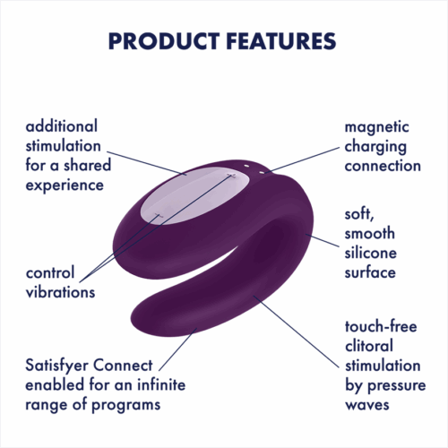 Satisfyer Double Joy Vibrator with soft silicone surface and features labeled