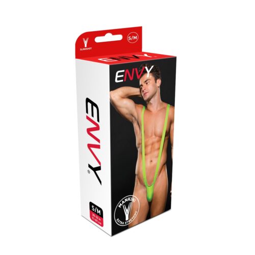 Men's slingshot underwear packaging featuring a model