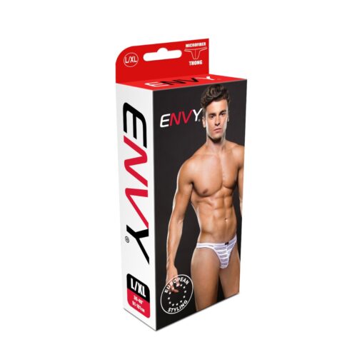 Microfiber thong packaging with a muscular model