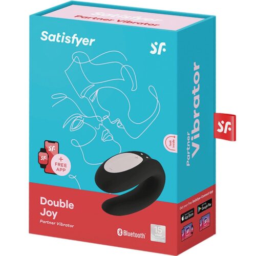 Satisfyer Double Joy Vibrator packaging with a sleek black vibrator and text