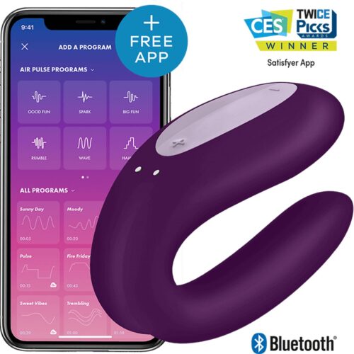 Satisfyer Double Joy Vibrator in purple next to a smartphone displaying the Satisfyer app