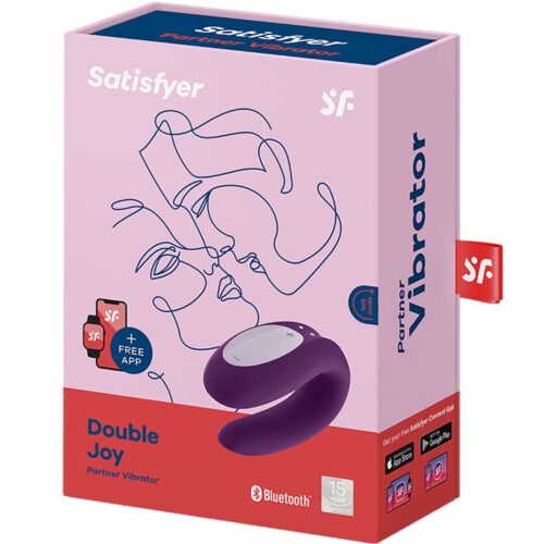 Satisfyer Double Joy Vibrator packaging in purple and red, featuring Bluetooth connectivity