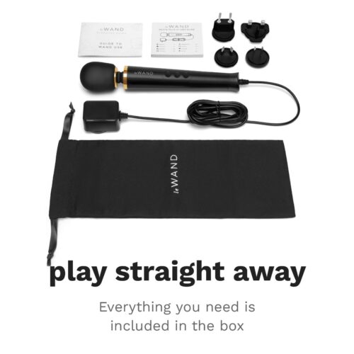 Le Wand Powerful Petite Plug In Wand Vibrator, charger, user guides, and storage pouch