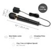 Le Wand Powerful Petite Plug In Wand Vibrator, shown with charging cord and specifications