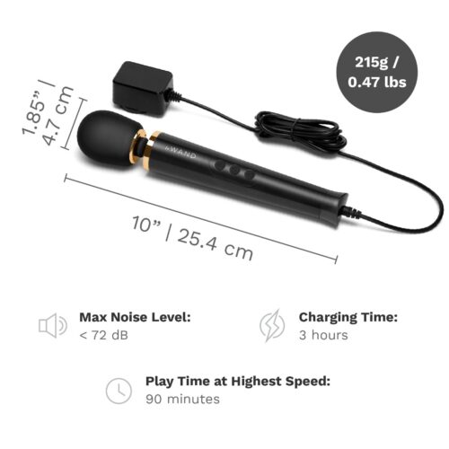 Le Wand Powerful Petite Plug In Wand Vibrator, shown with charging cord and specifications