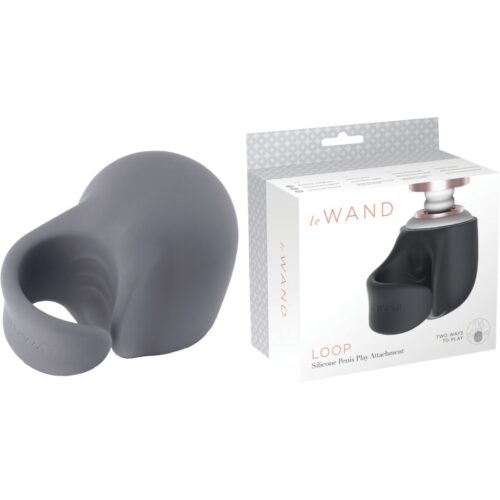 Le Wand Loop Wand Vibrator Penis Play Attachment in grey, with packaging