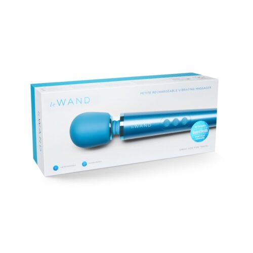 Le Wand Petite Rechargeable Wand Vibrator Massager in blue packaging