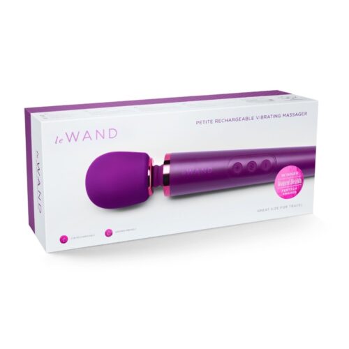 Le Wand Petite Rechargeable Wand Vibrator Massager in purple packaging