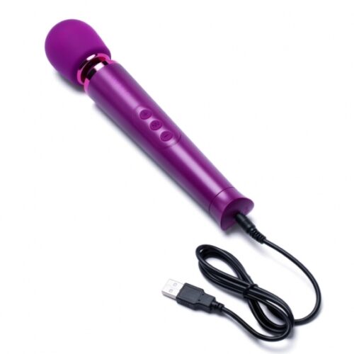 Le Wand Petite Rechargeable Wand Vibrator Massager in purple with USB charging cable