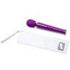 Le Wand Petite Rechargeable Wand Vibrator in purple with white storage pouch