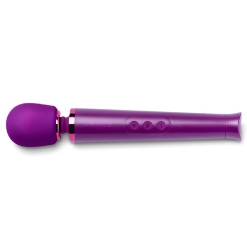 Le Wand Petite Rechargeable Wand Vibrator in purple, with control buttons on the side