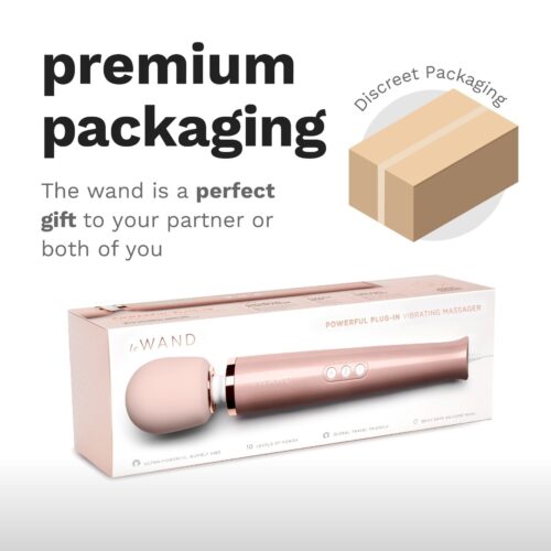 Le Wand Powerful Plug-In Vibrating Wand Massager, displayed in premium packaging