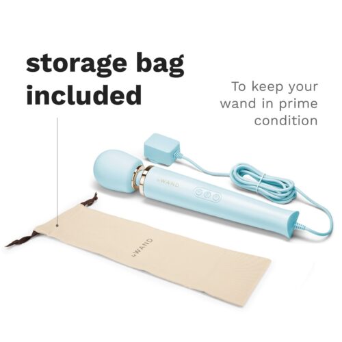 Le Wand Powerful Plug In Vibrating Wand Massager in blue with a storage bag