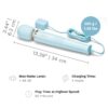 Le Wand Powerful Plug In Vibrating Wand Massager in soft blue, with charger and specs