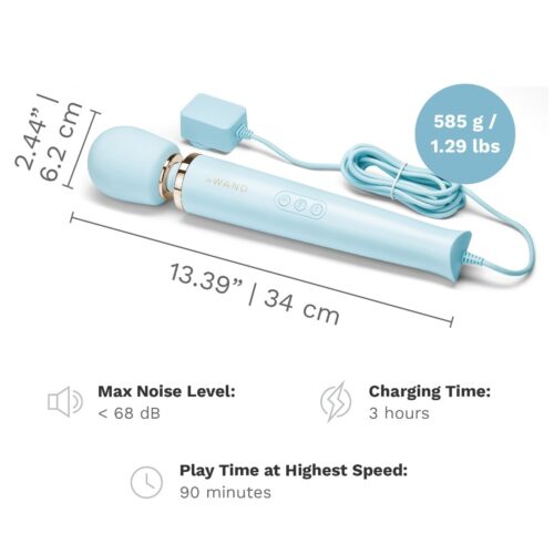 Le Wand Powerful Plug In Vibrating Wand Massager in soft blue, with charger and specs