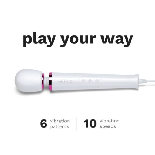 Le Wand Powerful Petite Plug In Wand Vibrator, showcasing its sleek design and control bu
