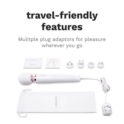 Le Wand Powerful Plug In Vibrating Wand Massager with multiple plug adaptors and storage bag, available at The Loving Comp...