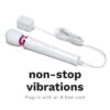 Le Wand Powerful Petite Plug In Wand Vibrator, with a white body, pink accents, and an 8-