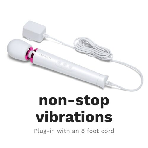 Le Wand Powerful Petite Plug In Wand Vibrator, with a white body, pink accents, and an 8-