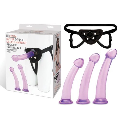 lf1380_01jpeg Lux Fetish Size Up 4Pc Dildo & Harness Pegging Training Set - Purple, 7.25inch/7.75inch/8.5inch