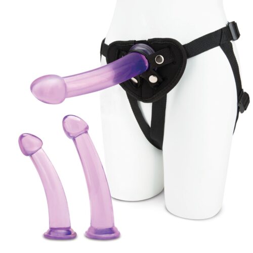 lf1380_03jpeg Lux Fetish Size Up 4Pc Dildo & Harness Pegging Training Set – Purple, 7.25inch/7.75inch/8.5inch
