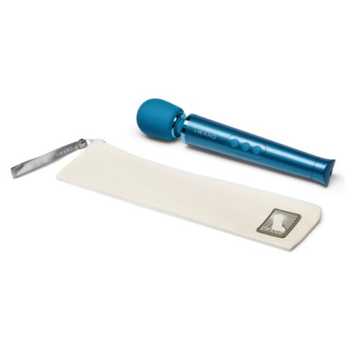 Le Wand Petite Rechargeable Wand Vibrator Massager in blue with storage pouch