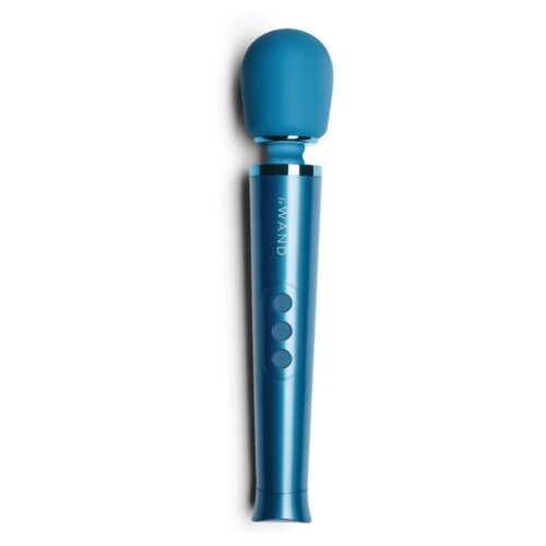 Le Wand Petite Rechargeable Wand Vibrator in blue color with three control buttons