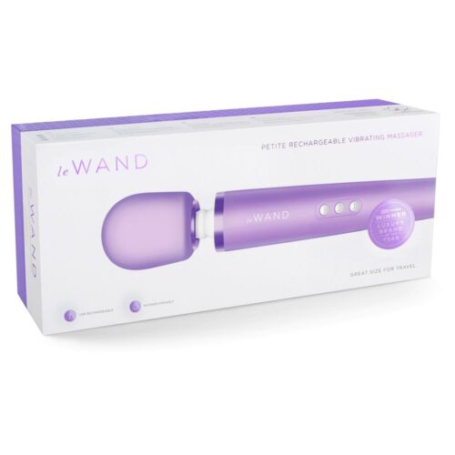 Le Wand Petite Rechargeable Wand Vibrator Massager in a purple box