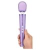 Le Wand Petite Rechargeable Wand Vibrator Massager in purple, held in a hand