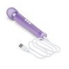 Le Wand Petite Rechargeable Wand Vibrator in purple, with three buttons and a USB charging cable, available at The Loving ...