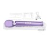 Le Wand Petite Rechargeable Wand Vibrator in purple, user guide, and USB cable