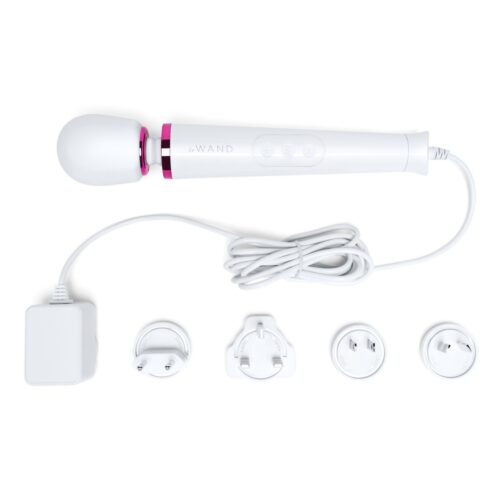 Le Wand Powerful Petite Plug In Wand Vibrator with white body, pink accents, and multiple plug adapters, available at The ...