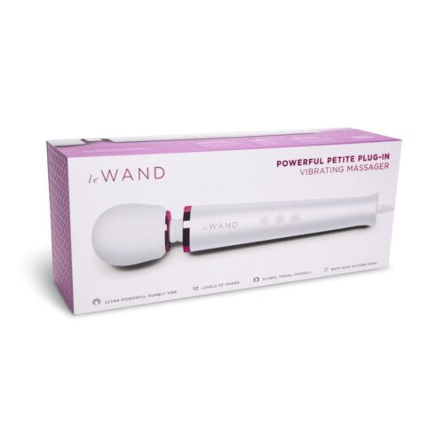 Le Wand Powerful Petite Plug In Wand Vibrator, with a white and pink design in its packag