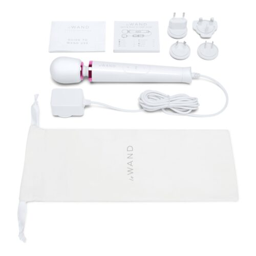 Le Wand Powerful Petite Plug In Wand Vibrator, user guide, charging adapter, and accessories