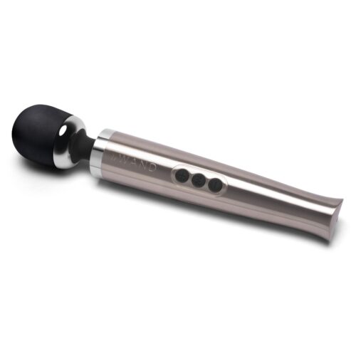 Le Wand Diecast Rechargeable Wand Vibrator Massager with a black silicone head and a metallic body, available at The Lovin...